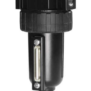 Black industrial air filter with a clear vertical indicator window on the side, used in pneumatic systems alongside lubrication equipment to remove particulates from compressed air.