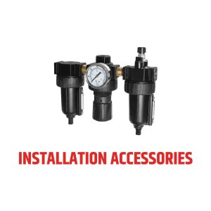 Black air compressor filter regulator with pressure gauge above bold red text reading INSTALLATION ACCESSORIES on a white background, suitable for use with oil pump or grease pump systems by Samson.