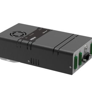 Rectangular black metal electronic device with vent holes, labeled ports, green terminal connections, and a power input port—often used alongside lubrication equipment or oil pump systems—seen at a slight angle against a white background.