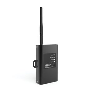 Black rectangular network extender device with a single vertical antenna, side mounting bracket, and four labeled indicator lights on the front panel. The product label reads NEXX Network Extender, making it an ideal companion to industrial hose reel setups in professional environments.