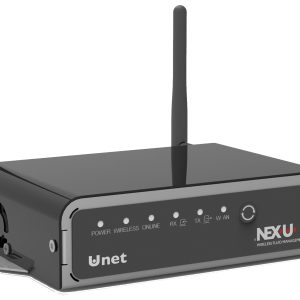 A black wireless router with two antennas, labeled NEXU Wireless I/O Management System by Unet. The front panel displays indicator lights for power, wireless, online, RX, TX, G, and WAN. Ideal for integration with lubrication equipment or industrial hose reel systems.