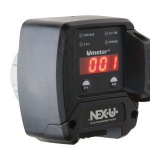 A black U meter+ Nexu fluid management system device displays 001 in red digital numbers on its screen, with buttons and indicator lights visible. This essential lubrication equipment is designed for precise fluid monitoring in industrial settings.