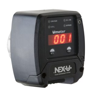 A close-up of a NEXU fluid management system device with a digital display reading 001 and two labeled buttons (F1, F2) on the front, commonly used with lubrication equipment such as an oil pump or grease pump.