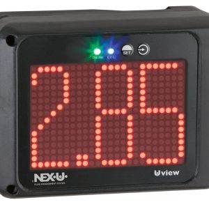 Black electronic display with large red digits reading 2.85 and three indicator lights (green, blue, white) above the screen. Logos and text such as NEX•U, FLUID MANAGEMENT SYSTEM, and UView appear below, highlighting its application in fluid handling systems.