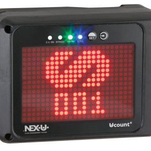Black electronic device with a red LED display showing the number 001 and a chain link symbol, four small indicator lights, and buttons labeled SET and NEX. The Samson Ucount+ is designed for fluid handling applications as part of a precise fluid management system, such as monitoring an oil pump.